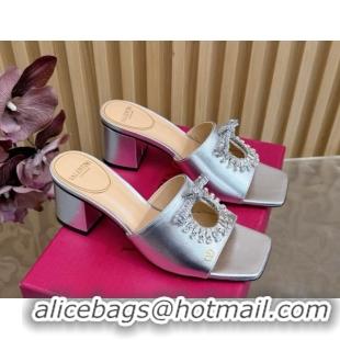 Luxury Cheap Valentino Strass Embellished Heel Slides Sandal 6cm in Calfskin Leather Silver VLTN121509 51215126