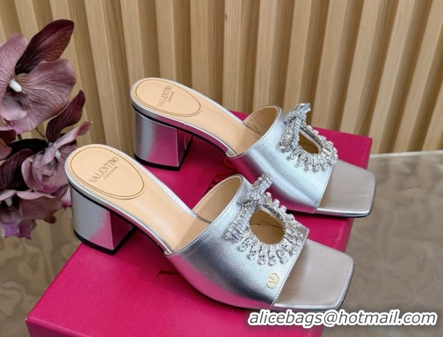 Luxury Cheap Valentino Strass Embellished Heel Slides Sandal 6cm in Calfskin Leather Silver VLTN121509 51215126