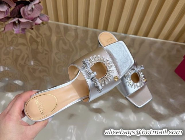Luxury Cheap Valentino Strass Embellished Heel Slides Sandal 6cm in Calfskin Leather Silver VLTN121509 51215126