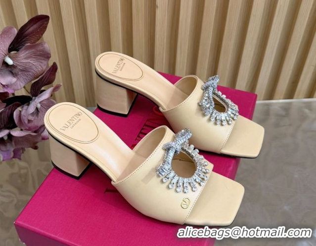 Popular Style Valentino Strass Embellished Heel Slides Sandal 6cm in Calfskin Leather Nude VLTN121509 51215127