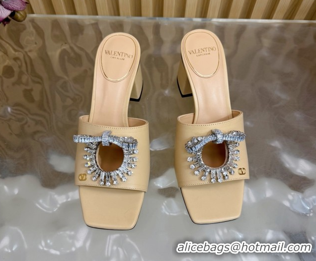 Popular Style Valentino Strass Embellished Heel Slides Sandal 6cm in Calfskin Leather Nude VLTN121509 51215127