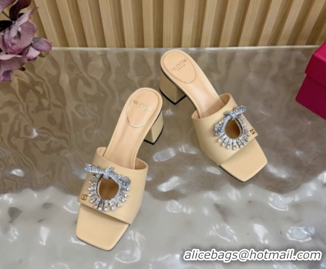 Popular Style Valentino Strass Embellished Heel Slides Sandal 6cm in Calfskin Leather Nude VLTN121509 51215127