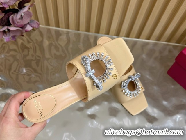 Popular Style Valentino Strass Embellished Heel Slides Sandal 6cm in Calfskin Leather Nude VLTN121509 51215127