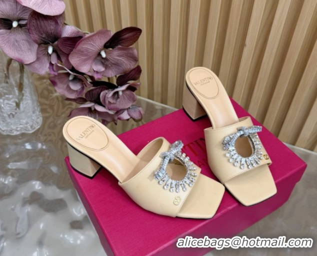 Popular Style Valentino Strass Embellished Heel Slides Sandal 6cm in Calfskin Leather Nude VLTN121509 51215127