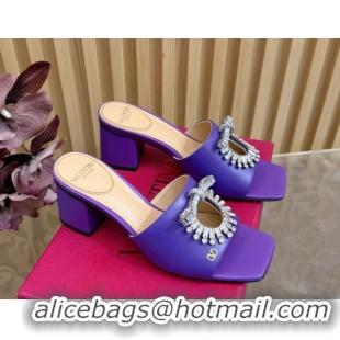 Durable Valentino Strass Embellished Heel Slides Sandal 6cm in Calfskin Leather Purple VLTN121509 51215128