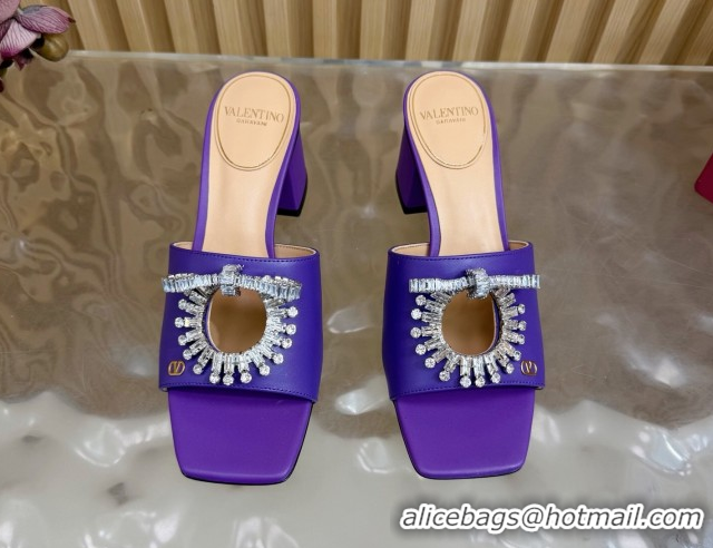 Durable Valentino Strass Embellished Heel Slides Sandal 6cm in Calfskin Leather Purple VLTN121509 51215128