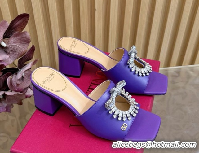 Durable Valentino Strass Embellished Heel Slides Sandal 6cm in Calfskin Leather Purple VLTN121509 51215128
