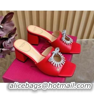 Classic Hot Valentino Strass Embellished Heel Slides Sandal 6cm in Calfskin Leather Red VLTN121509 1215129