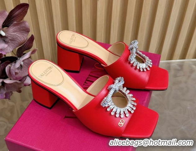 Classic Hot Valentino Strass Embellished Heel Slides Sandal 6cm in Calfskin Leather Red VLTN121509 1215129