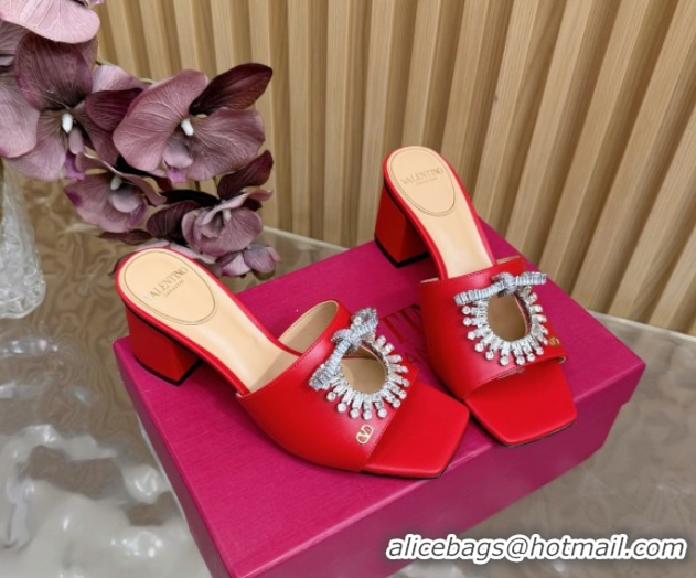 Classic Hot Valentino Strass Embellished Heel Slides Sandal 6cm in Calfskin Leather Red VLTN121509 1215129
