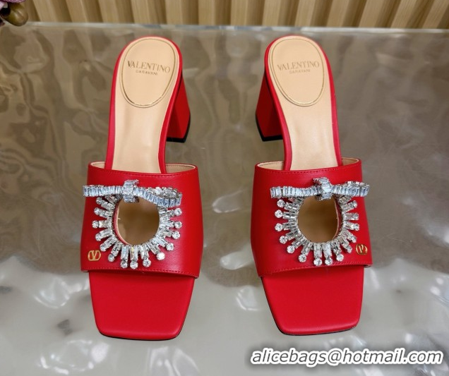 Classic Hot Valentino Strass Embellished Heel Slides Sandal 6cm in Calfskin Leather Red VLTN121509 1215129
