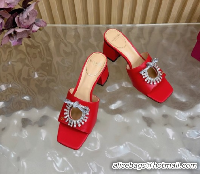 Classic Hot Valentino Strass Embellished Heel Slides Sandal 6cm in Calfskin Leather Red VLTN121509 1215129