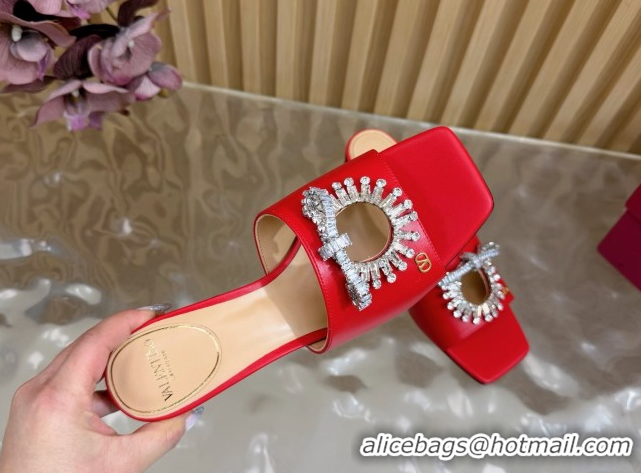 Classic Hot Valentino Strass Embellished Heel Slides Sandal 6cm in Calfskin Leather Red VLTN121509 1215129