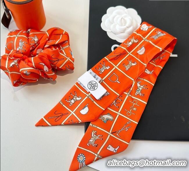 Discount Hermes Horse Twilly Silk Bandeau and Hairring Set 0724 Orange 2025
