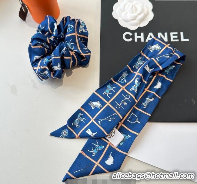 Top Design Hermes Horse Twilly Silk Bandeau and Hairring Set 0724 Blue 2025