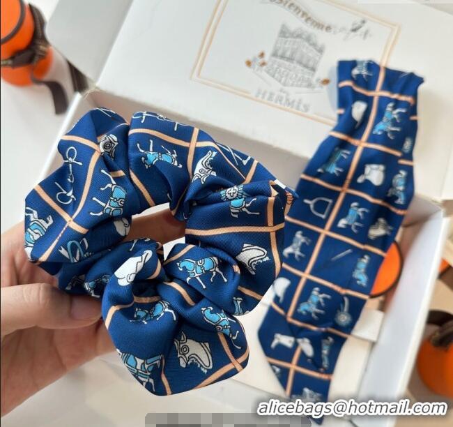 Top Design Hermes Horse Twilly Silk Bandeau and Hairring Set 0724 Blue 2025