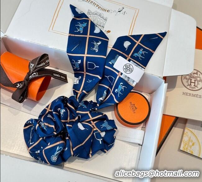 Top Design Hermes Horse Twilly Silk Bandeau and Hairring Set 0724 Blue 2025