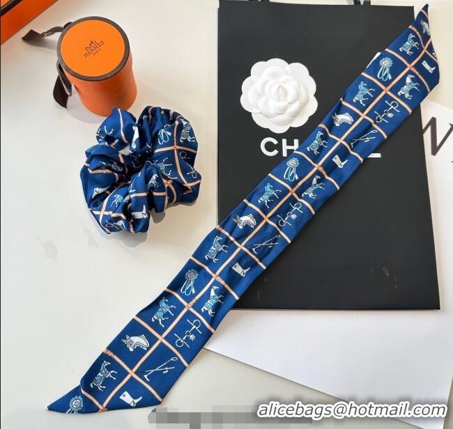 Top Design Hermes Horse Twilly Silk Bandeau and Hairring Set 0724 Blue 2025