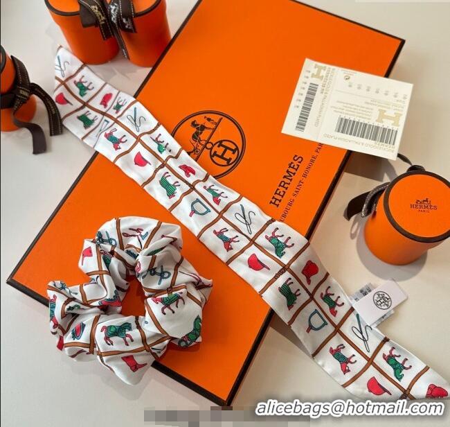 Big Discount Hermes Horse Twilly Silk Bandeau and Hairring Set 0724 White 2025