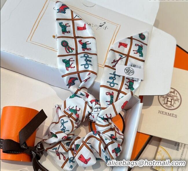 Big Discount Hermes Horse Twilly Silk Bandeau and Hairring Set 0724 White 2025