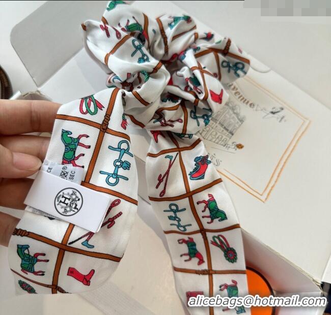 Big Discount Hermes Horse Twilly Silk Bandeau and Hairring Set 0724 White 2025