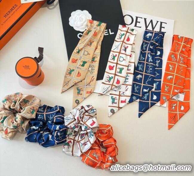 Big Discount Hermes Horse Twilly Silk Bandeau and Hairring Set 0724 White 2025