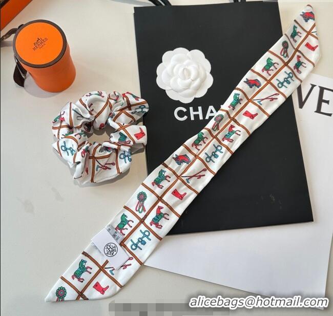 Big Discount Hermes Horse Twilly Silk Bandeau and Hairring Set 0724 White 2025