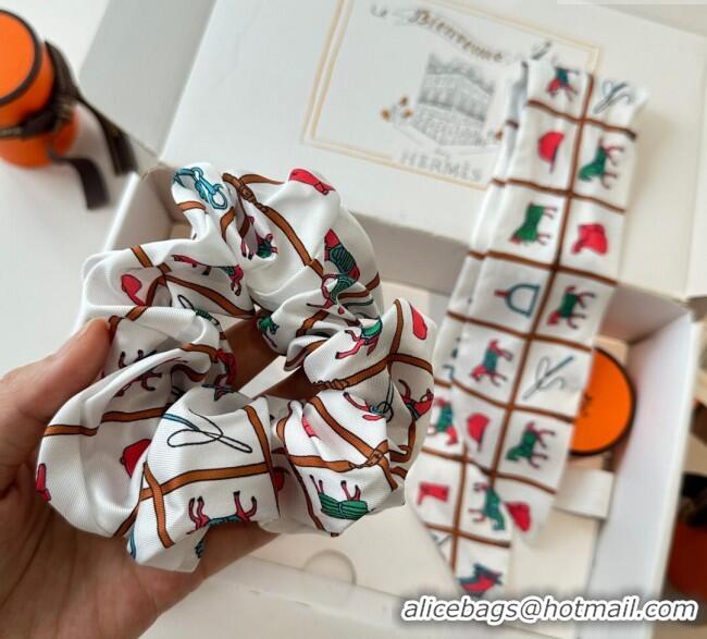 Big Discount Hermes Horse Twilly Silk Bandeau and Hairring Set 0724 White 2025