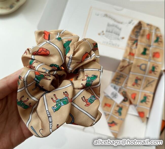 Luxury Discount Hermes Horse Twilly Silk Bandeau and Hairring Set 0724 Beige 2025