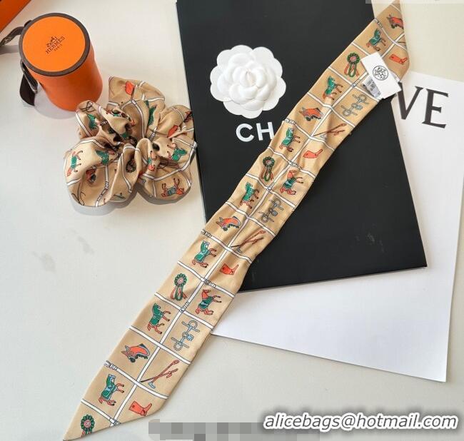 Luxury Discount Hermes Horse Twilly Silk Bandeau and Hairring Set 0724 Beige 2025