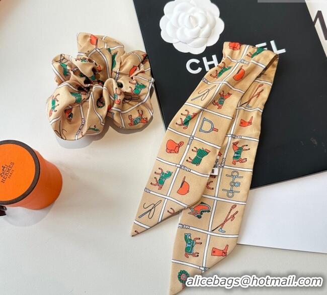 Luxury Discount Hermes Horse Twilly Silk Bandeau and Hairring Set 0724 Beige 2025