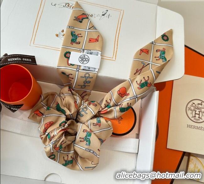 Luxury Discount Hermes Horse Twilly Silk Bandeau and Hairring Set 0724 Beige 2025