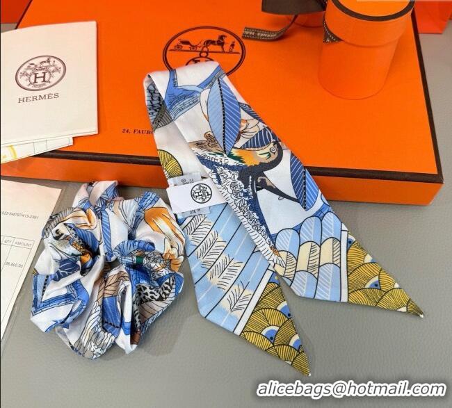 Famous Brand Hermes Tree Twilly Silk Bandeau and Hairring Set 0724 Blue 2025