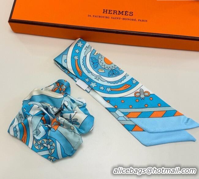 Luxury Cheap Hermes Forest Twilly Silk Bandeau and Hairring Set 0724 Blue 2025