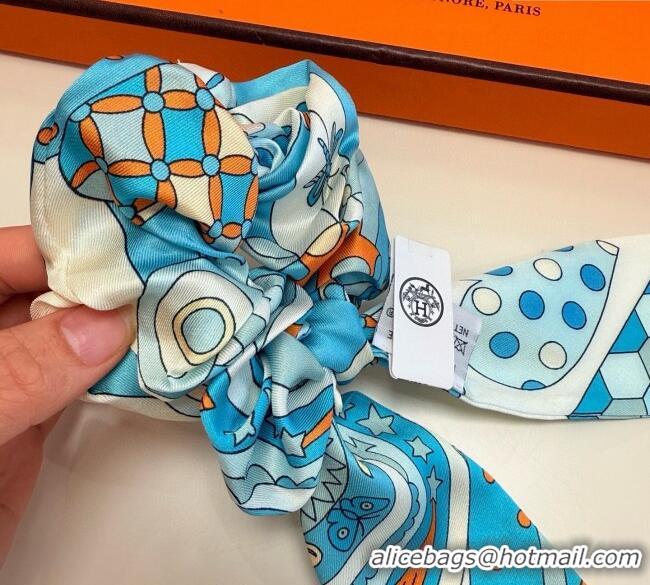 Luxury Cheap Hermes Forest Twilly Silk Bandeau and Hairring Set 0724 Blue 2025