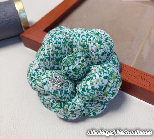 Cheapest Chanel Tweed Camellia Bloom Hairclip/Brooch CH111239 Green 2025