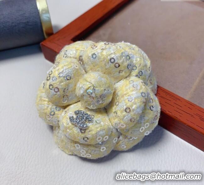 Luxury Cheap Chanel Tweed Camellia Bloom Hairclip/Brooch CH111239 Light Yellow 2025