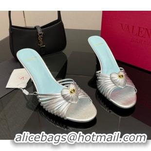Luxurious Valentino Heart Calfskin Leather Heel Slides Sandal Silver VLTN121501 1216001