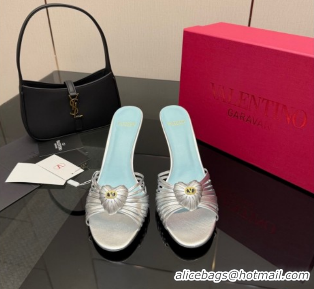 Luxurious Valentino Heart Calfskin Leather Heel Slides Sandal Silver VLTN121501 1216001