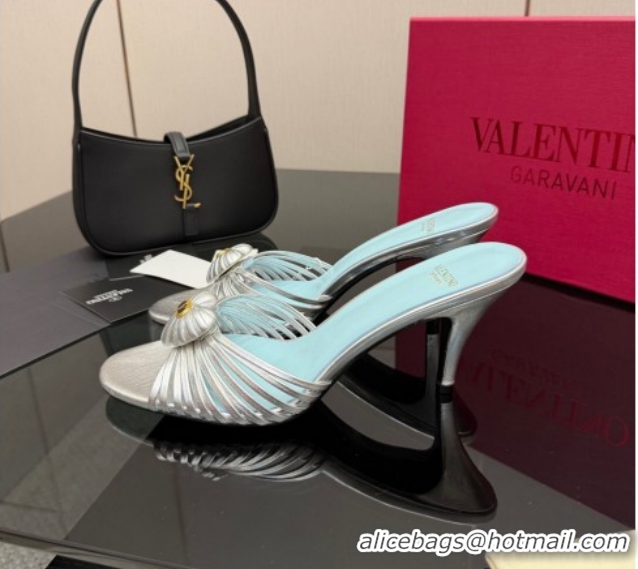 Luxurious Valentino Heart Calfskin Leather Heel Slides Sandal Silver VLTN121501 1216001