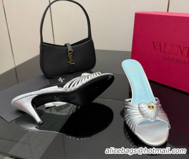 Luxurious Valentino Heart Calfskin Leather Heel Slides Sandal Silver VLTN121501 1216001
