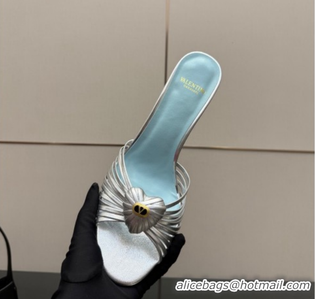 Luxurious Valentino Heart Calfskin Leather Heel Slides Sandal Silver VLTN121501 1216001