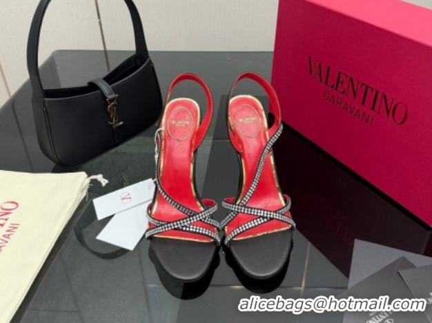 Shop Duplicate Valentino Calfskin Leather Heel Sandals 10.5cm with Strass Black VLTN121601 1216009