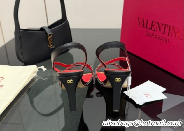Shop Duplicate Valentino Calfskin Leather Heel Sandals 10.5cm with Strass Black VLTN121601 1216009