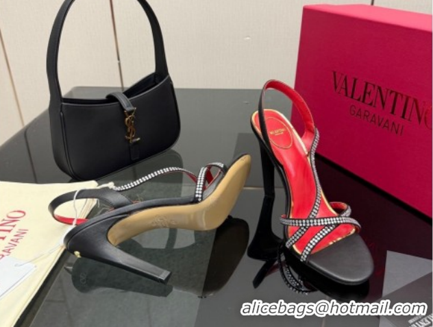Shop Duplicate Valentino Calfskin Leather Heel Sandals 10.5cm with Strass Black VLTN121601 1216009