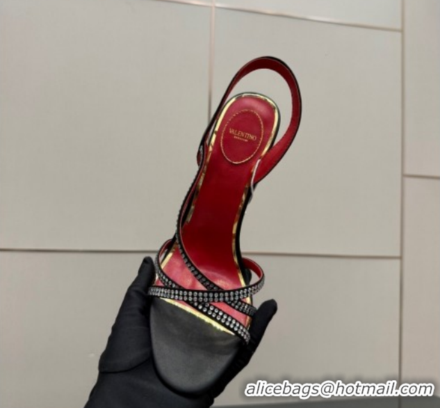 Shop Duplicate Valentino Calfskin Leather Heel Sandals 10.5cm with Strass Black VLTN121601 1216009