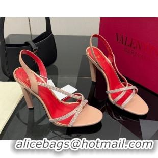 Good Looking Valentino Calfskin Leather Heel Sandals 10.5cm with Strass Nude VLTN121601 1216010