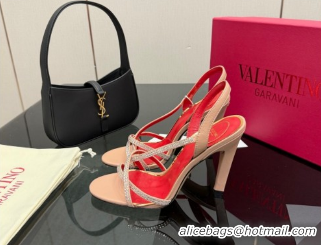 Good Looking Valentino Calfskin Leather Heel Sandals 10.5cm with Strass Nude VLTN121601 1216010
