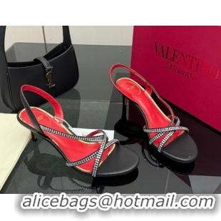 Good Product Valentino Calfskin Leather Heel Sandals 5.5cm with Strass Black VLTN121601 1216011