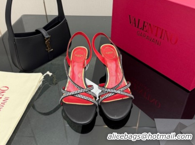 Good Product Valentino Calfskin Leather Heel Sandals 5.5cm with Strass Black VLTN121601 1216011
